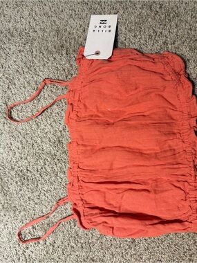 Billabong Coral Pink Ruched Tank Top with Logo Plate